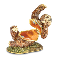 Luxury Giftware Pewter Bejeweled Crystals Gold-tone Enameled MELLOW Sloth Trinket Box with Matching 18 Inch Necklace