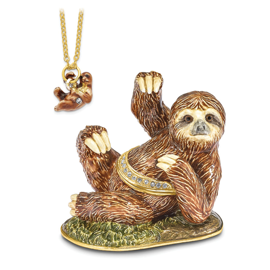 Luxury Giftware Pewter Bejeweled Crystals Gold-tone Enameled MELLOW Sloth Trinket Box with Matching 18 Inch Necklace