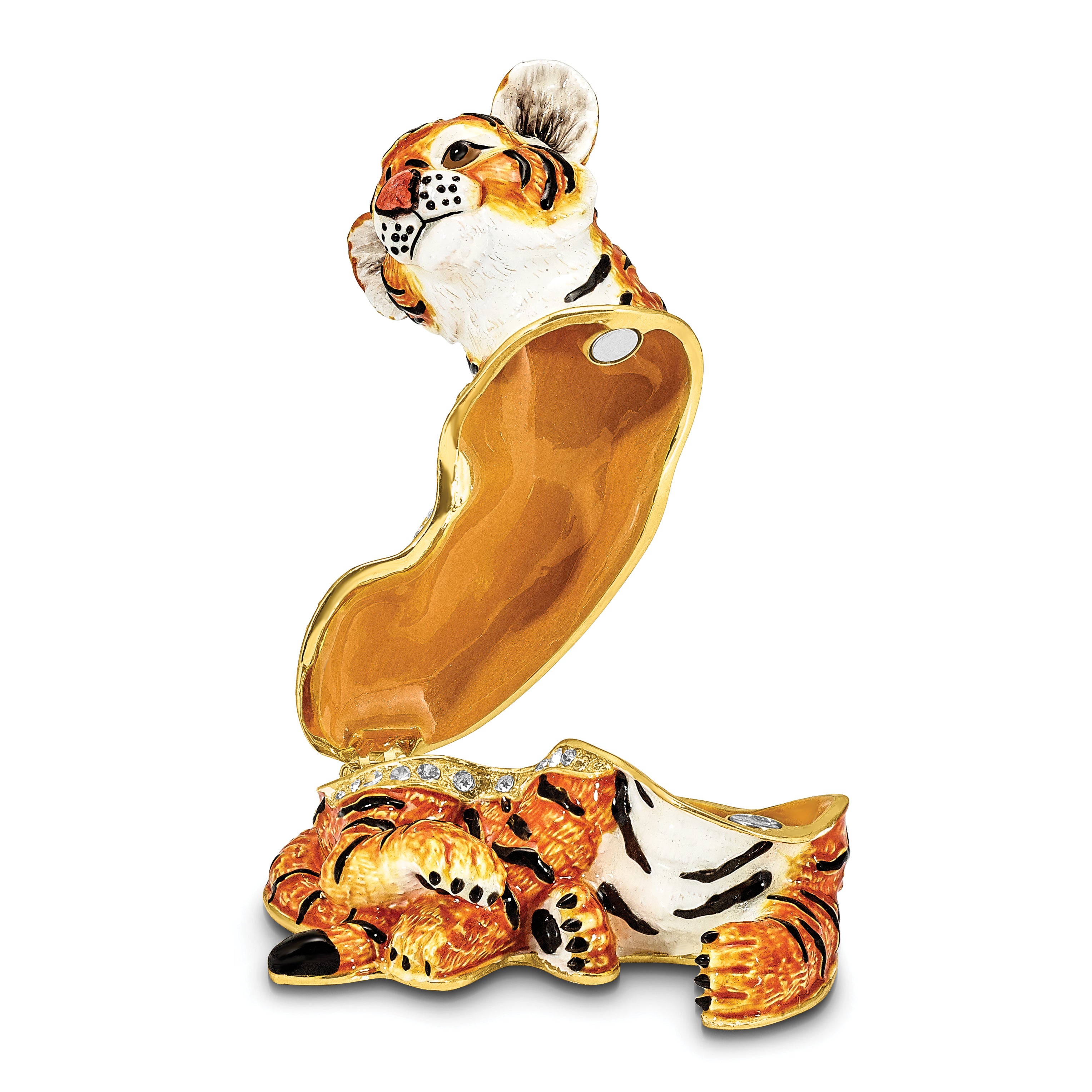 Luxury Giftware Pewter Bejeweled Crystals Gold-tone Enameled TONDA Young Tiger Trinket Box with Matching 18 Inch Necklace