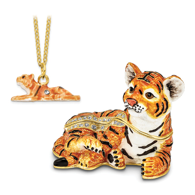 Luxury Giftware Pewter Bejeweled Crystals Gold-tone Enameled TONDA Young Tiger Trinket Box with Matching 18 Inch Necklace