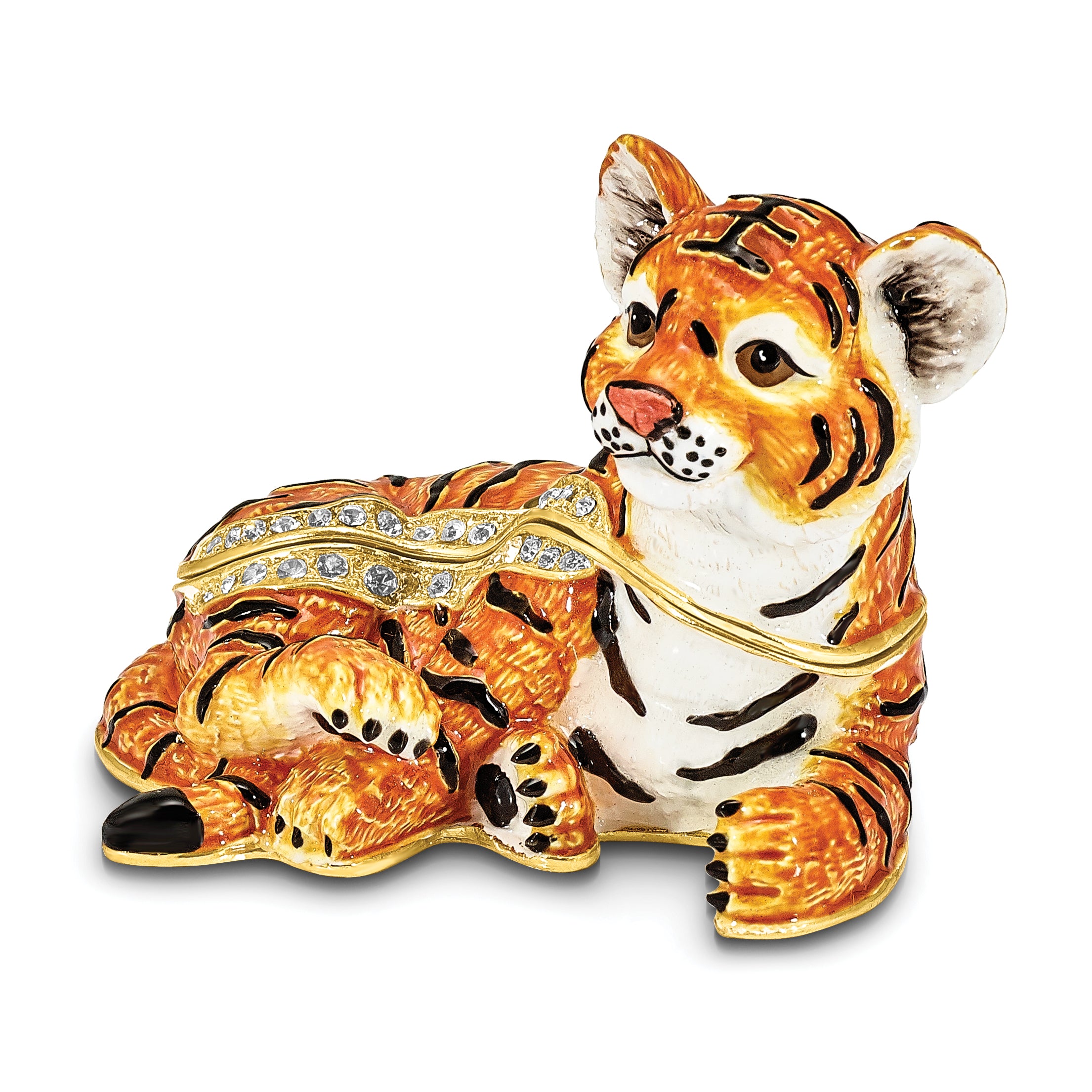 Luxury Giftware Pewter Bejeweled Crystals Gold-tone Enameled TONDA Young Tiger Trinket Box with Matching 18 Inch Necklace