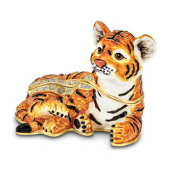 Luxury Giftware Pewter Bejeweled Crystals Gold-tone Enameled TONDA Young Tiger Trinket Box with Matching 18 Inch Necklace