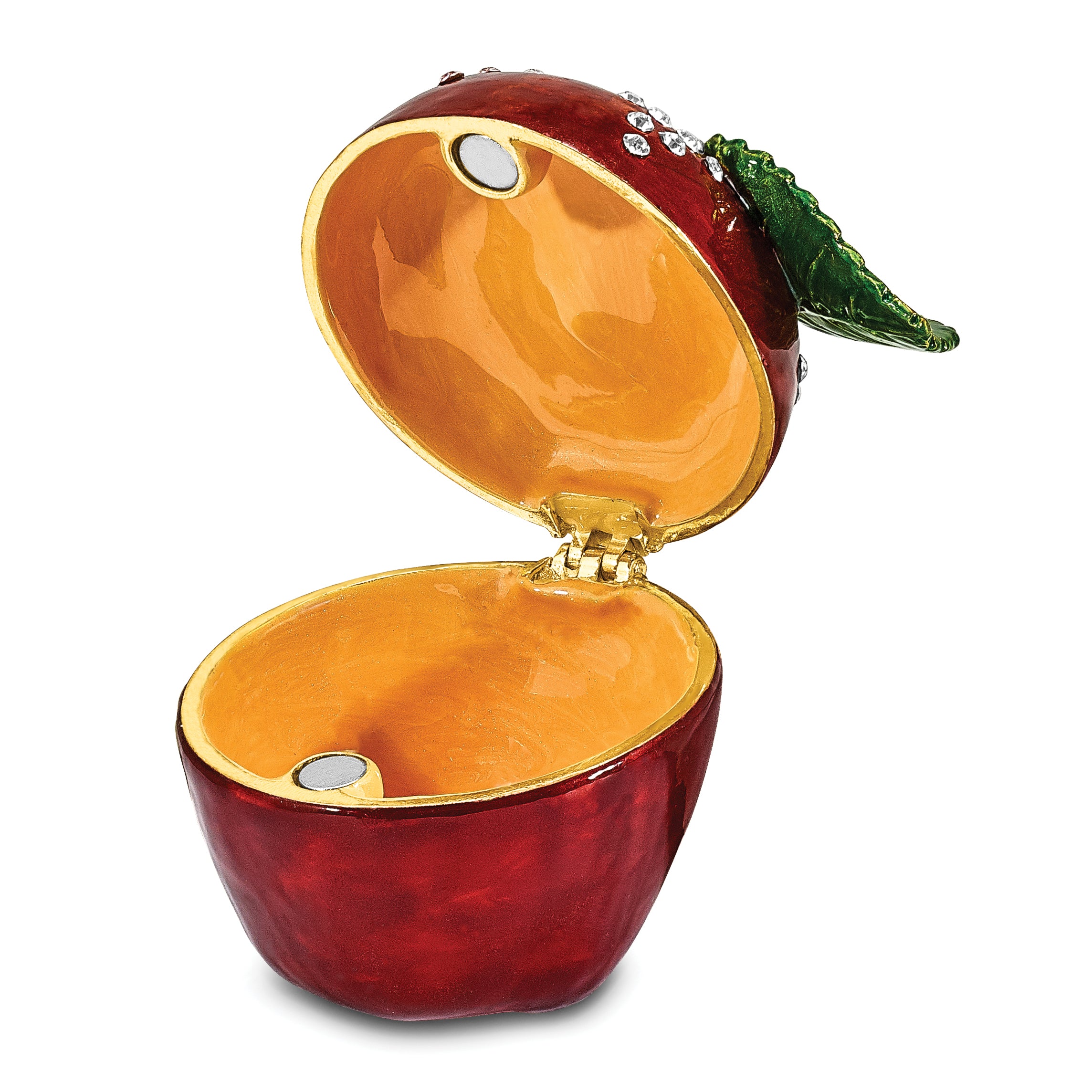 Luxury Giftware Pewter Bejeweled Crystals Gold-tone Enameled DELICIOUS Apple Trinket Box with Matching 18 Inch Necklace