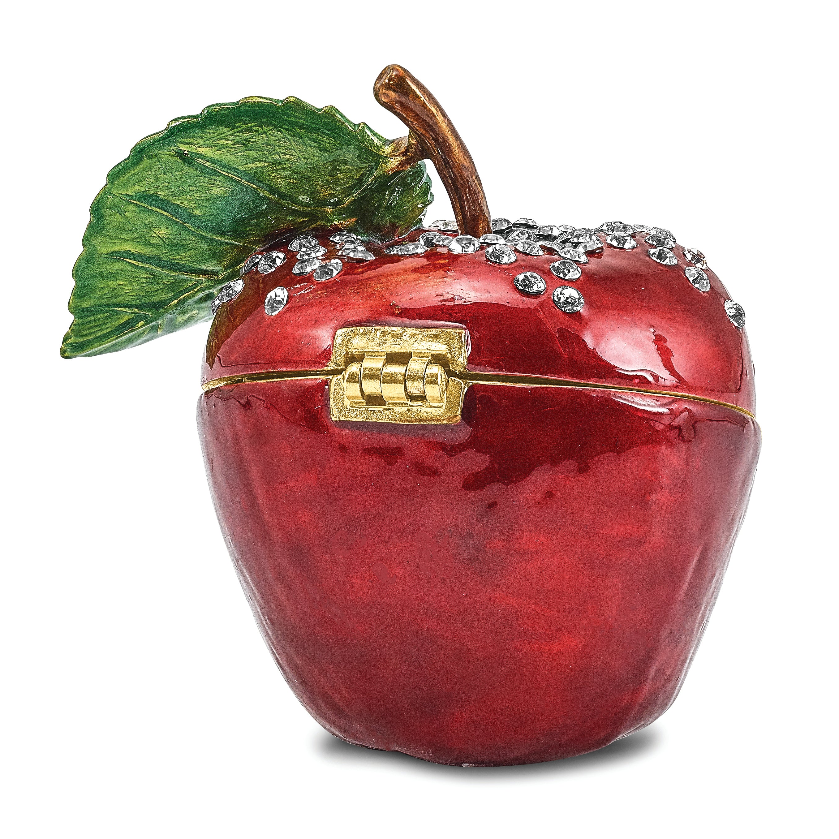 Luxury Giftware Pewter Bejeweled Crystals Gold-tone Enameled DELICIOUS Apple Trinket Box with Matching 18 Inch Necklace