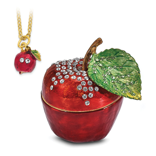 Luxury Giftware Pewter Bejeweled Crystals Gold-tone Enameled DELICIOUS Apple Trinket Box with Matching 18 Inch Necklace