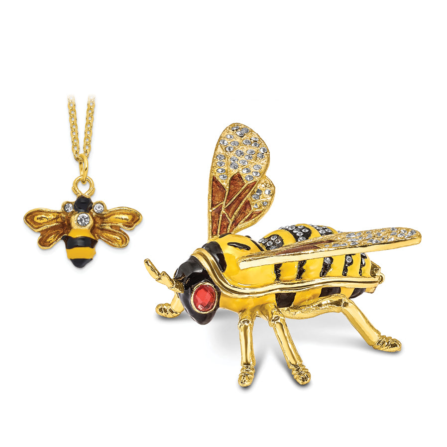 Luxury Giftware Pewter Bejeweled Crystals Gold-tone Enameled BUZZ Bumblebee Trinket Box with Matching 18 Inch Necklace