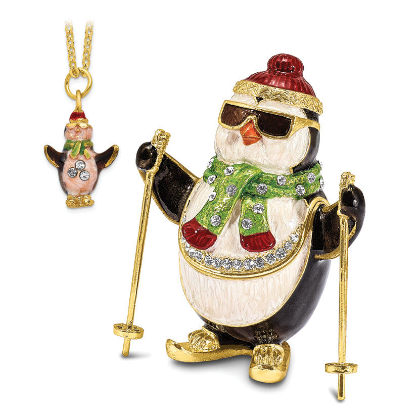 Luxury Giftware Pewter Bejeweled Crystals Gold-tone Enameled KOOLIO Skiing Penguin Trinket Box with Matching 18 Inch Necklace