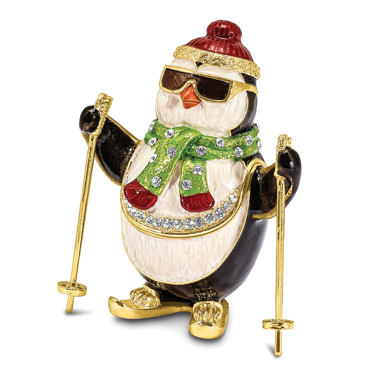 Luxury Giftware Pewter Bejeweled Crystals Gold-tone Enameled KOOLIO Skiing Penguin Trinket Box with Matching 18 Inch Necklace