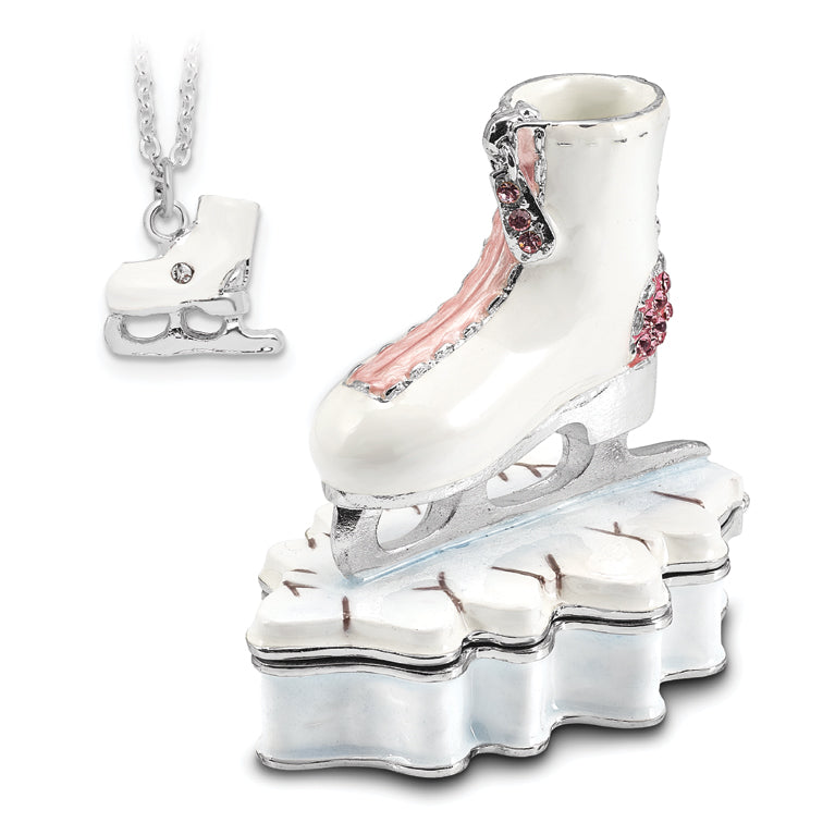 Luxury Giftware Pewter Bejeweled Crystals Silver-tone Enameled GLIDER Pink and White Ice Skate Trinket Box with Matching 18 Inch Necklace