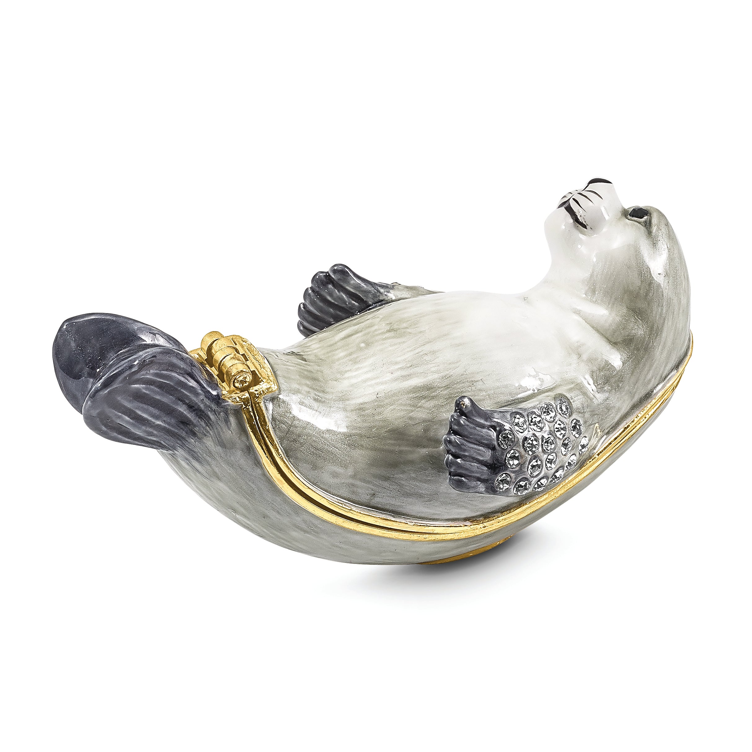 Luxury Giftware Pewter Bejeweled Crystals Gold-tone Enameled BERTRAM Grey and White Seal Trinket Box with Matching 18 Inch Necklace