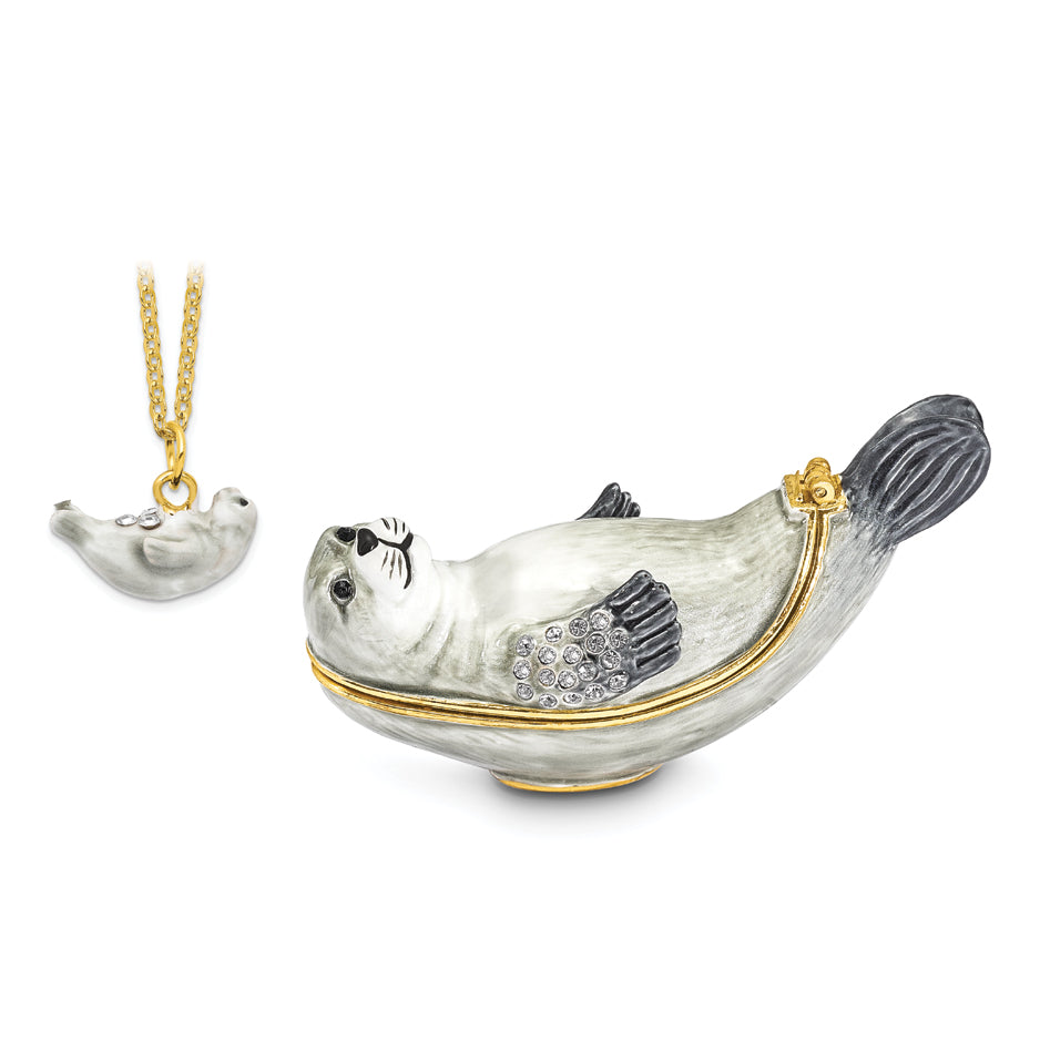 Luxury Giftware Pewter Bejeweled Crystals Gold-tone Enameled BERTRAM Grey and White Seal Trinket Box with Matching 18 Inch Necklace