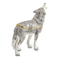 Luxury Giftware Pewter Bejeweled Crystals Gold-tone Enameled JACK Howling Wolf Trinket Box with Matching 18 Inch Necklace