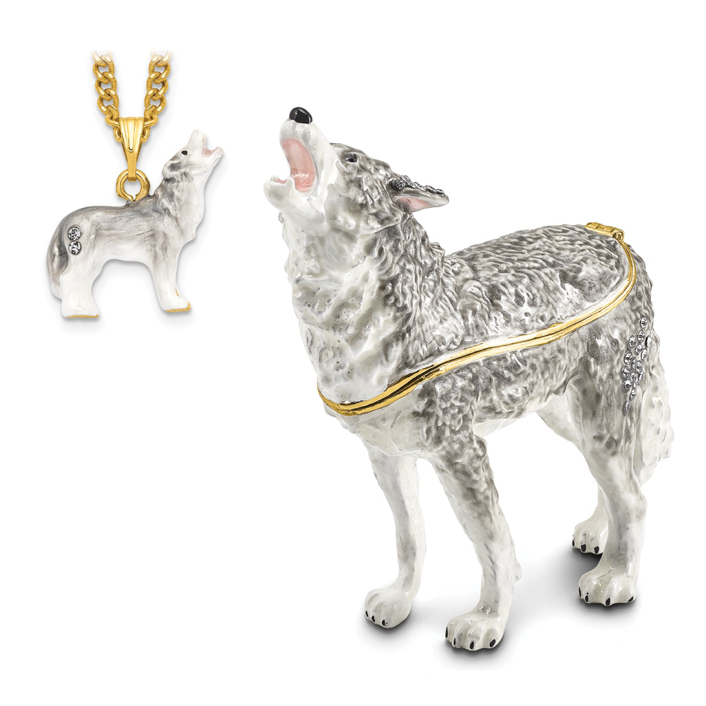 Luxury Giftware Pewter Bejeweled Crystals Gold-tone Enameled JACK Howling Wolf Trinket Box with Matching 18 Inch Necklace