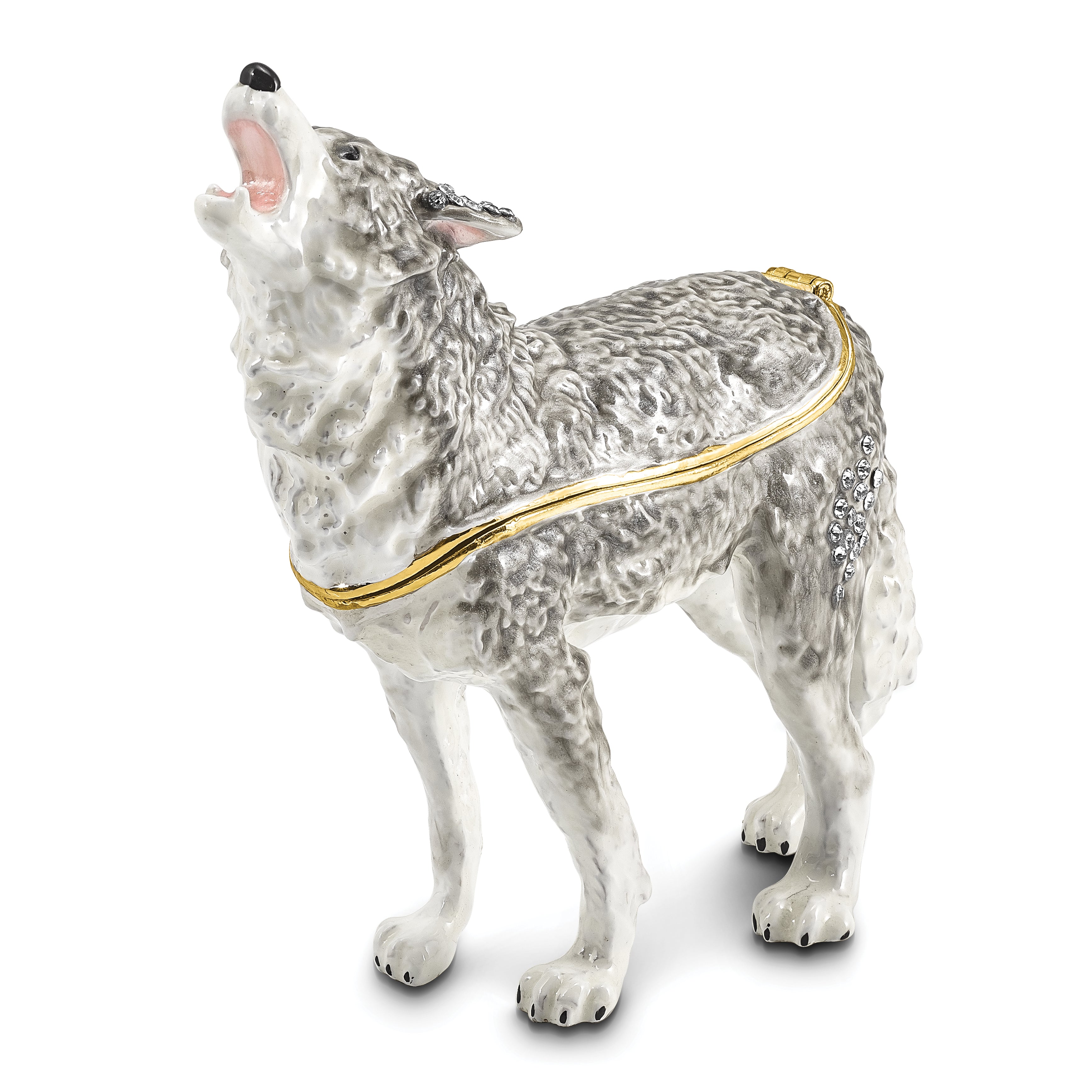 Luxury Giftware Pewter Bejeweled Crystals Gold-tone Enameled JACK Howling Wolf Trinket Box with Matching 18 Inch Necklace