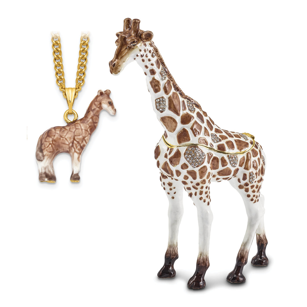 Luxury Giftware Pewter Bejeweled Crystals Gold-tone Enameled GAIL Brown and White Giraffe Trinket Box with Matching 18 Inch Necklace