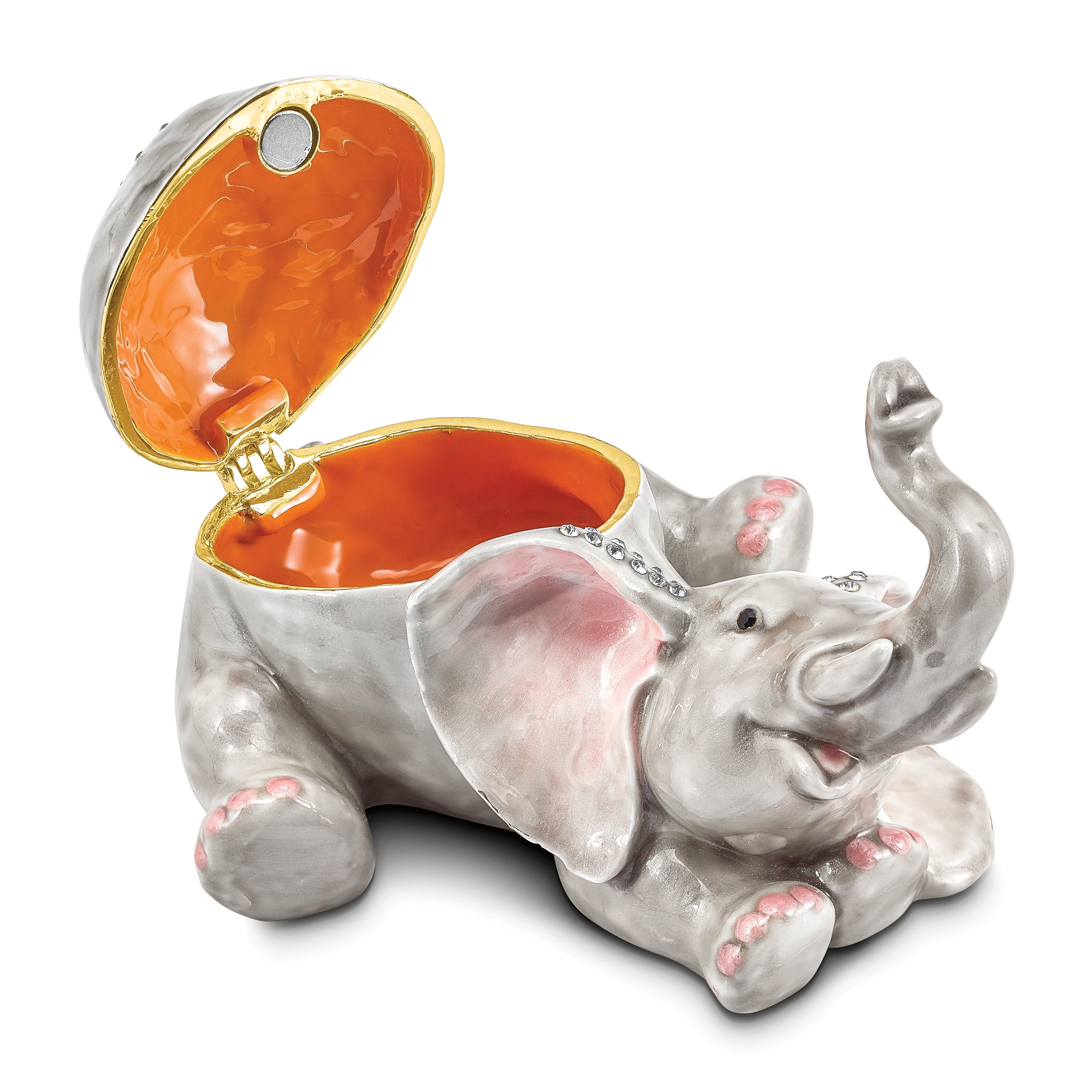 Luxury Giftware Pewter Bejeweled Crystals Gold-tone Enameled ELLERY Falling Baby Elephant Trinket Box with Matching 18 Inch Necklace