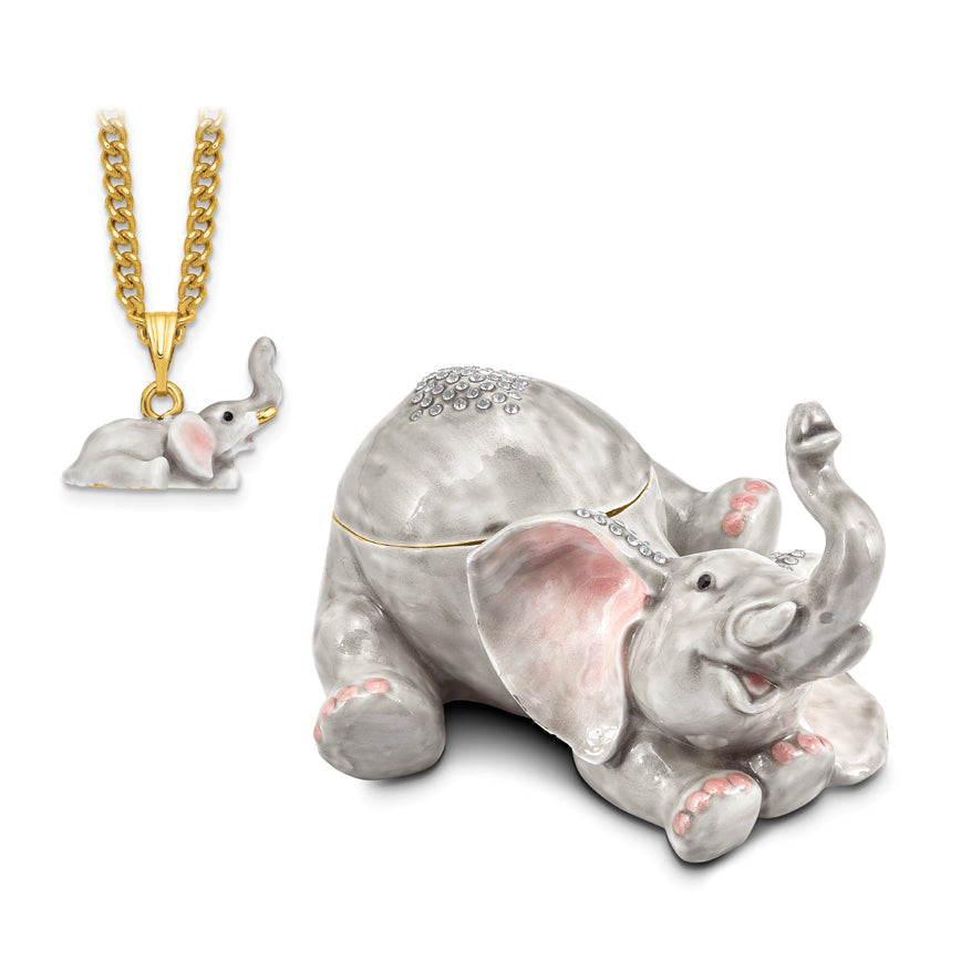 Luxury Giftware Pewter Bejeweled Crystals Gold-tone Enameled ELLERY Falling Baby Elephant Trinket Box with Matching 18 Inch Necklace