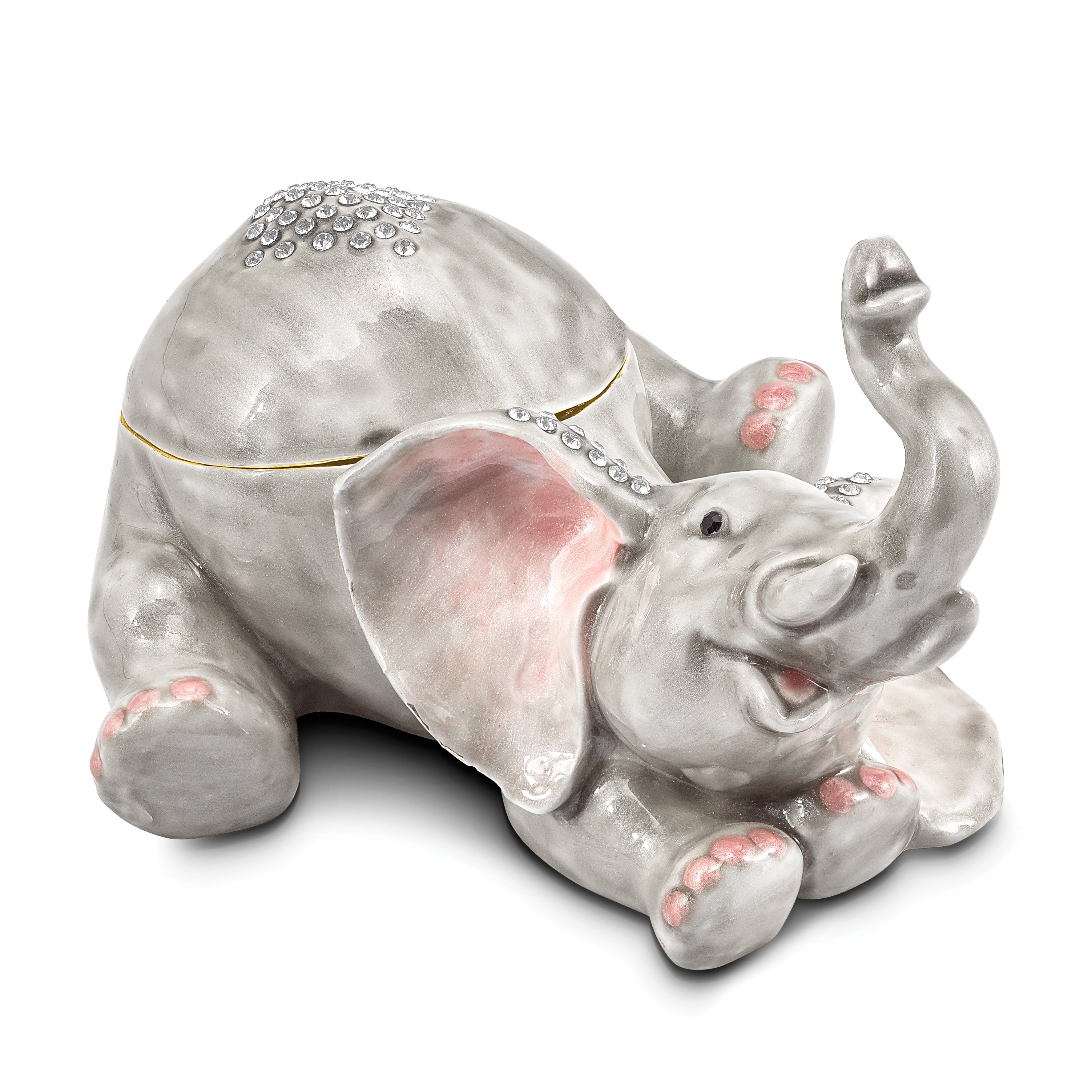 Luxury Giftware Pewter Bejeweled Crystals Gold-tone Enameled ELLERY Falling Baby Elephant Trinket Box with Matching 18 Inch Necklace