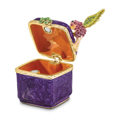 Luxury Giftware Pewter Bejeweled Crystals Gold-tone Enameled HARLOW Purple Box/Flower/Hummingbird Trinket Box with Matching 18 Inch Necklace