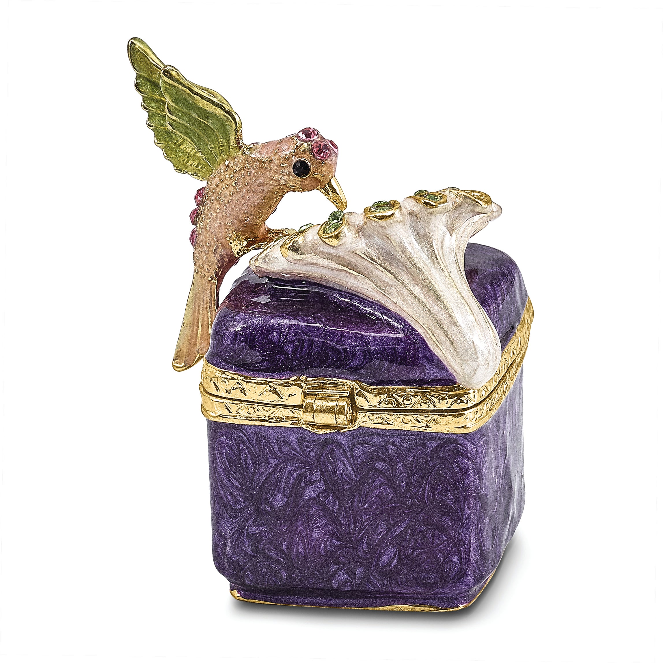 Luxury Giftware Pewter Bejeweled Crystals Gold-tone Enameled HARLOW Purple Box/Flower/Hummingbird Trinket Box with Matching 18 Inch Necklace