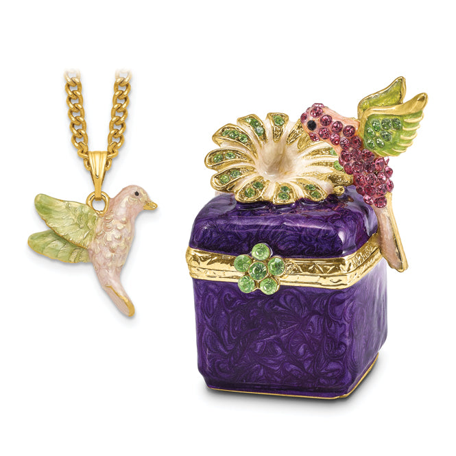 Luxury Giftware Pewter Bejeweled Crystals Gold-tone Enameled HARLOW Purple Box/Flower/Hummingbird Trinket Box with Matching 18 Inch Necklace