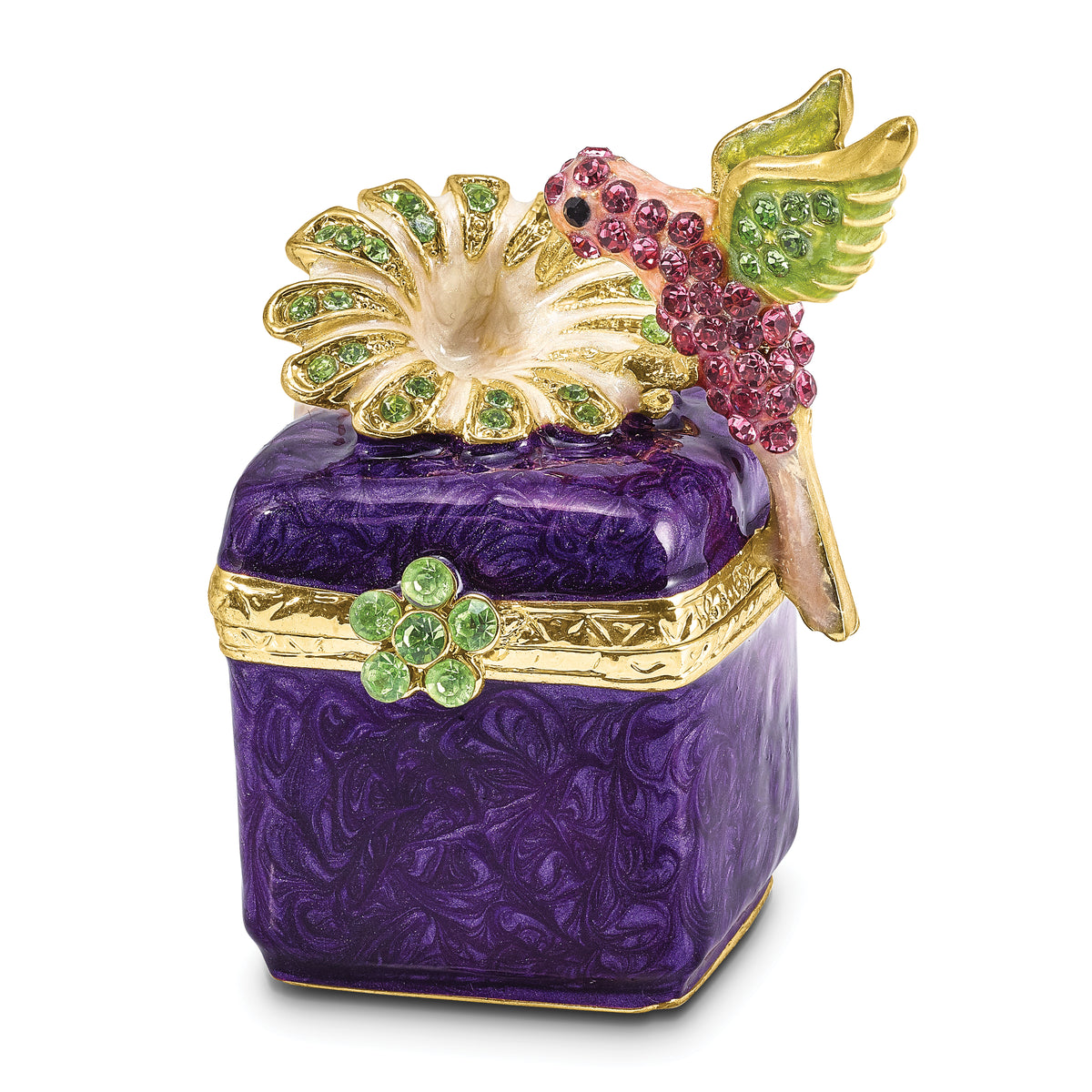 Luxury Giftware Pewter Bejeweled Crystals Gold-tone Enameled HARLOW Purple Box/Flower/Hummingbird Trinket Box with Matching 18 Inch Necklace