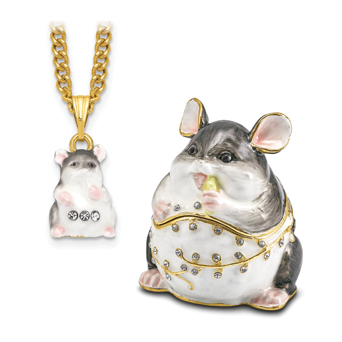 Luxury Giftware Pewter Bejeweled Crystals Gold-tone Enameled UNCLE JOE Chubby Mouse Trinket Box with Matching 18 Inch Necklace