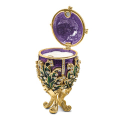 Luxury Giftware Pewter Bejeweled Crystals Gold-tone Enameled LILY OF THE VALLEY Purple Egg w/Ring Pad Trinket Box with Matching 18 Inch Necklace