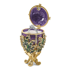 Luxury Giftware Pewter Bejeweled Crystals Gold-tone Enameled LILY OF THE VALLEY Purple Egg w/Ring Pad Trinket Box with Matching 18 Inch Necklace