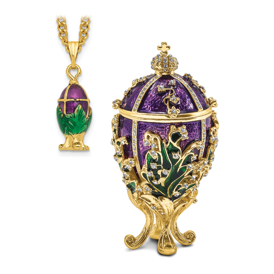 Luxury Giftware Pewter Bejeweled Crystals Gold-tone Enameled LILY OF THE VALLEY Purple Egg w/Ring Pad Trinket Box with Matching 18 Inch Necklace