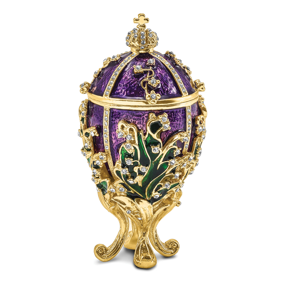 Luxury Giftware Pewter Bejeweled Crystals Gold-tone Enameled LILY OF THE VALLEY Purple Egg w/Ring Pad Trinket Box with Matching 18 Inch Necklace