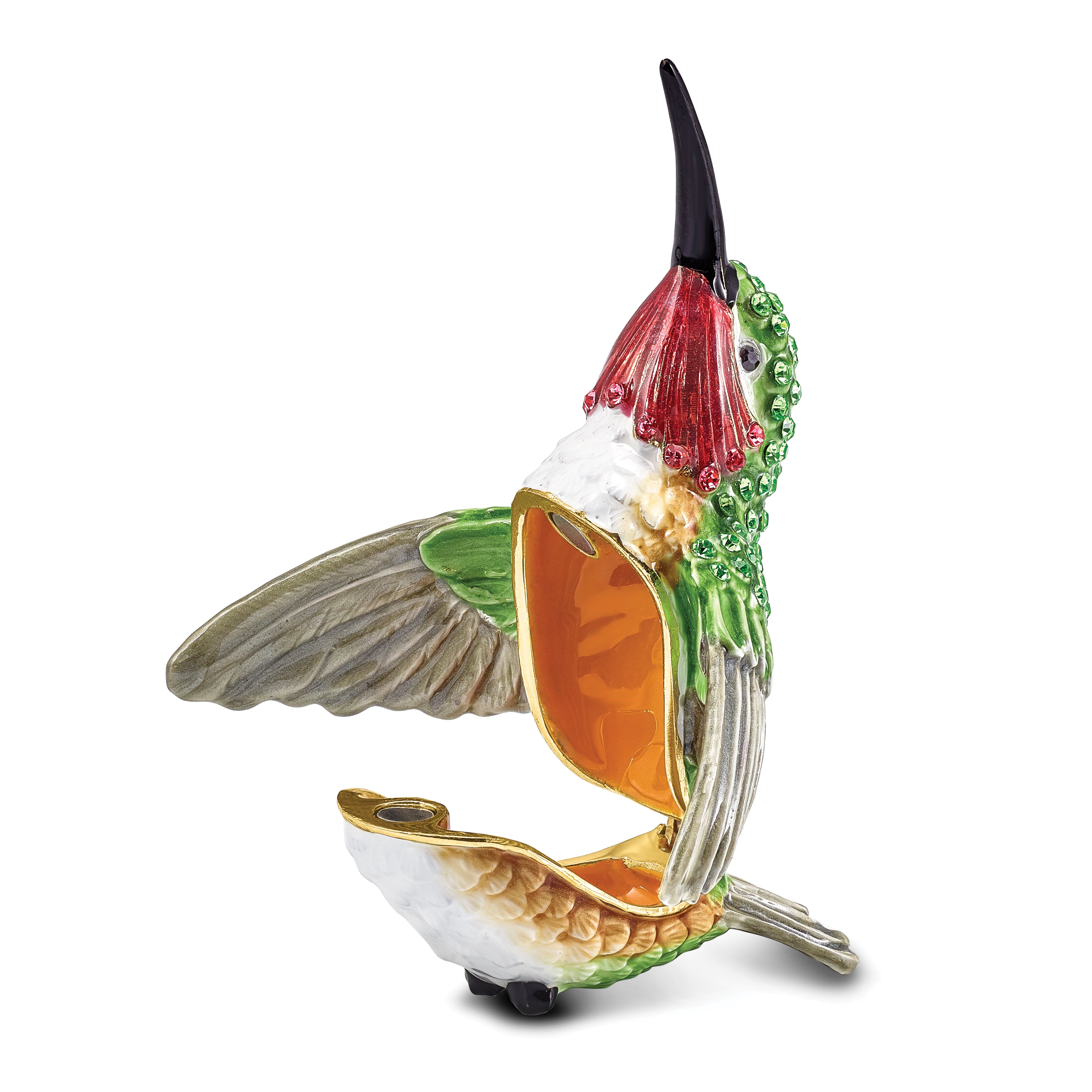 Luxury Giftware Pewter Bejeweled Crystals Gold-tone Enameled HAMILTON Hummingbird Trinket Box with Matching 18 Inch Necklace