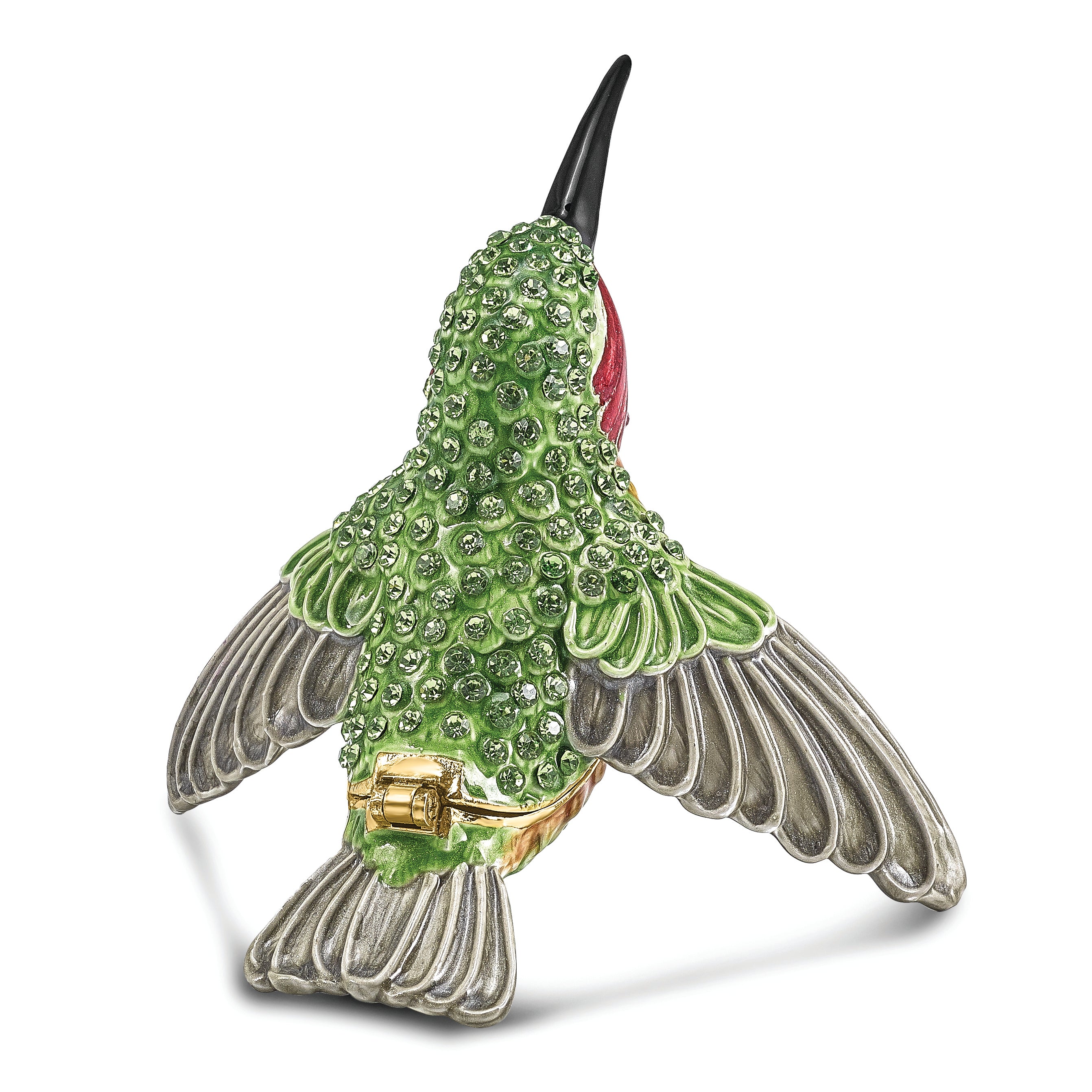 Luxury Giftware Pewter Bejeweled Crystals Gold-tone Enameled HAMILTON Hummingbird Trinket Box with Matching 18 Inch Necklace