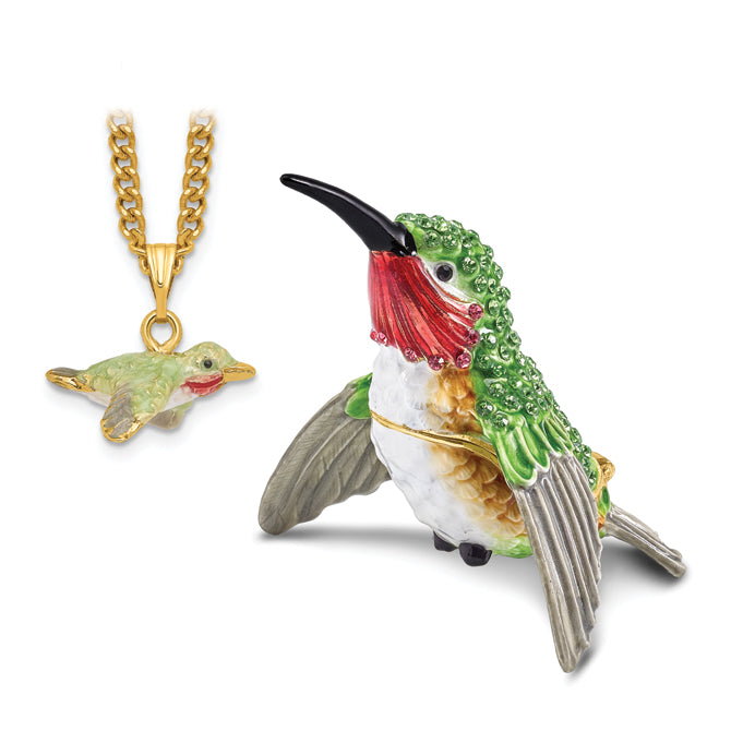 Luxury Giftware Pewter Bejeweled Crystals Gold-tone Enameled HAMILTON Hummingbird Trinket Box with Matching 18 Inch Necklace