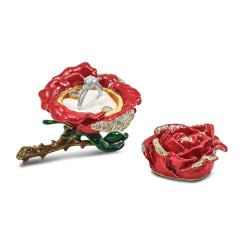 Luxury Giftware Pewter Bejeweled Crystals Gold-tone Enameled ROSA Red Rose w/Ring Pad Trinket Box with Matching 18 Inch Necklace