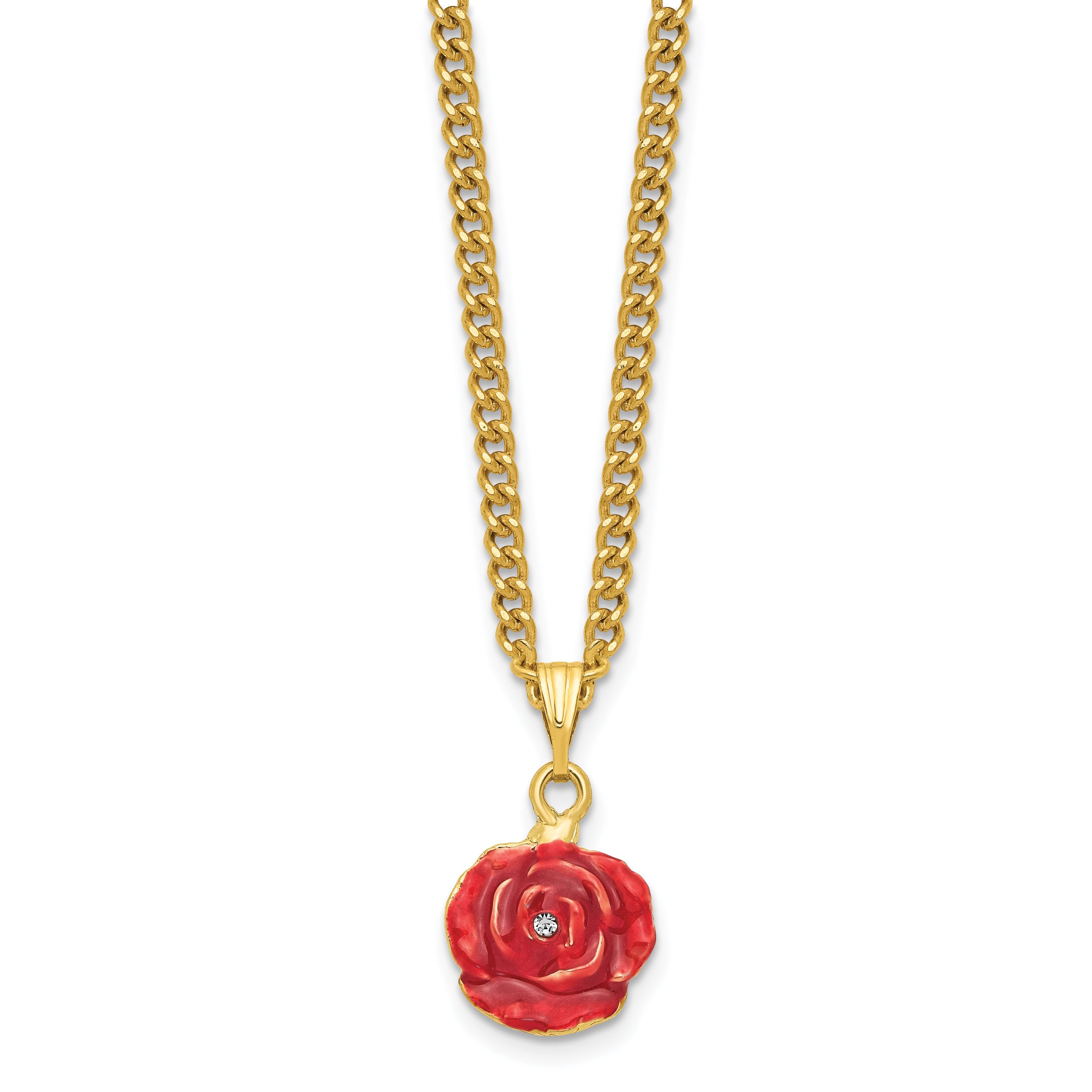 Luxury Giftware Pewter Bejeweled Crystals Gold-tone Enameled ROSA Red Rose w/Ring Pad Trinket Box with Matching 18 Inch Necklace