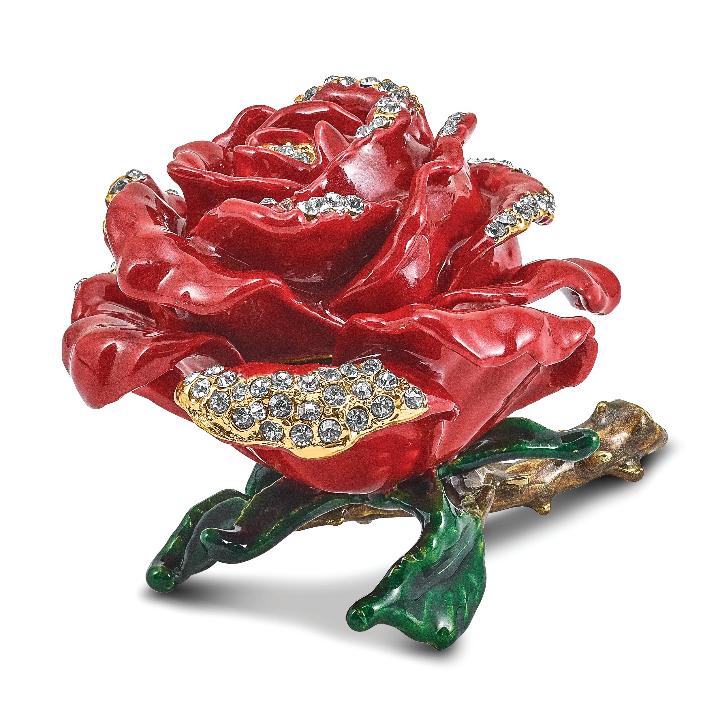 Luxury Giftware Pewter Bejeweled Crystals Gold-tone Enameled ROSA Red Rose w/Ring Pad Trinket Box with Matching 18 Inch Necklace