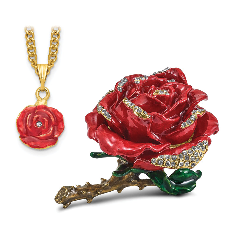 Luxury Giftware Pewter Bejeweled Crystals Gold-tone Enameled ROSA Red Rose w/Ring Pad Trinket Box with Matching 18 Inch Necklace