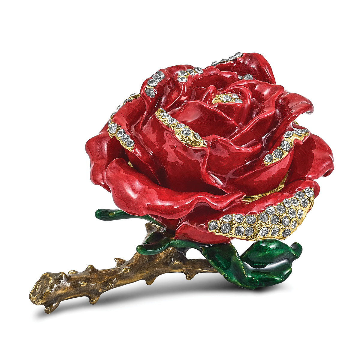 Luxury Giftware Pewter Bejeweled Crystals Gold-tone Enameled ROSA Red Rose w/Ring Pad Trinket Box with Matching 18 Inch Necklace