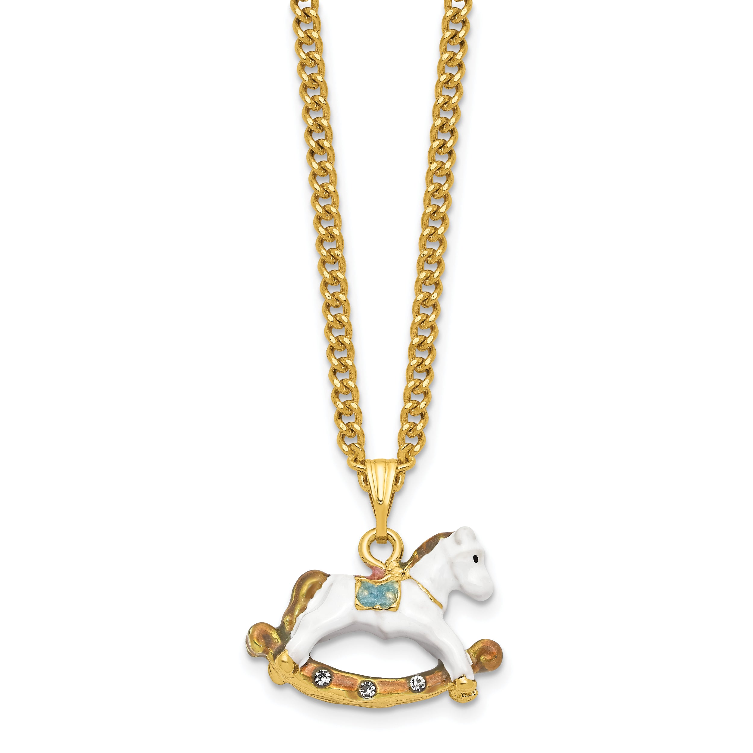 Luxury Giftware Pewter Bejeweled Crystals Gold-tone Enameled RIMA Rocking Horse Trinket Box with Matching 18 Inch Necklace