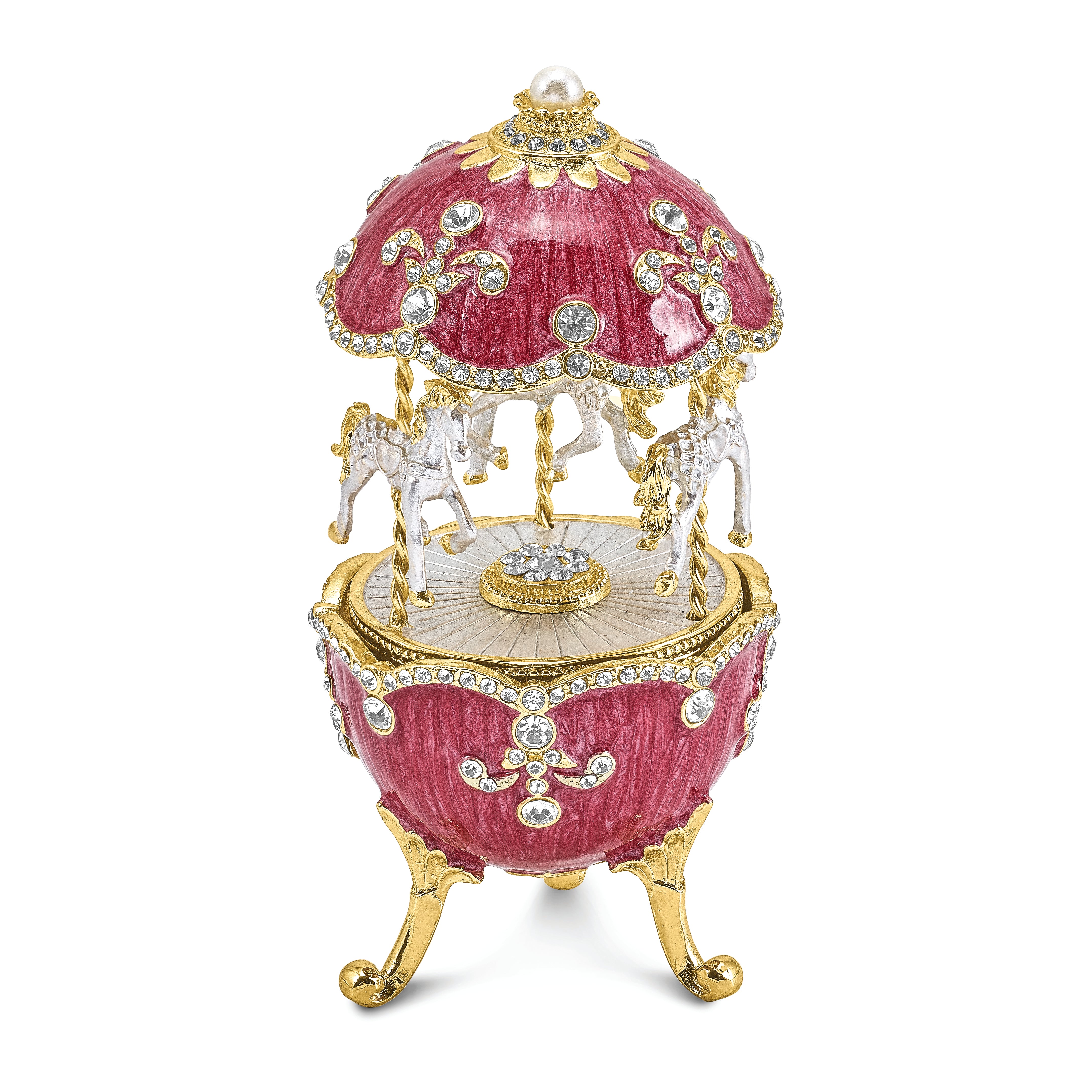 Luxury Giftware Pewter Bejeweled Crystals Gold-tone Enameled CAROUSEL (Plays It's a Small World) Musical Egg Figurine with Matching 18 Inch Necklace