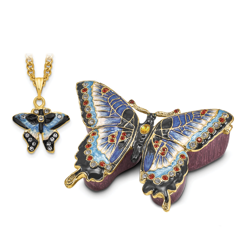 Luxury Giftware Pewter Bejeweled Crystals Gold-tone Enameled JEANNIE Blue Butterfly Trinket Box with Matching 18 Inch Necklace