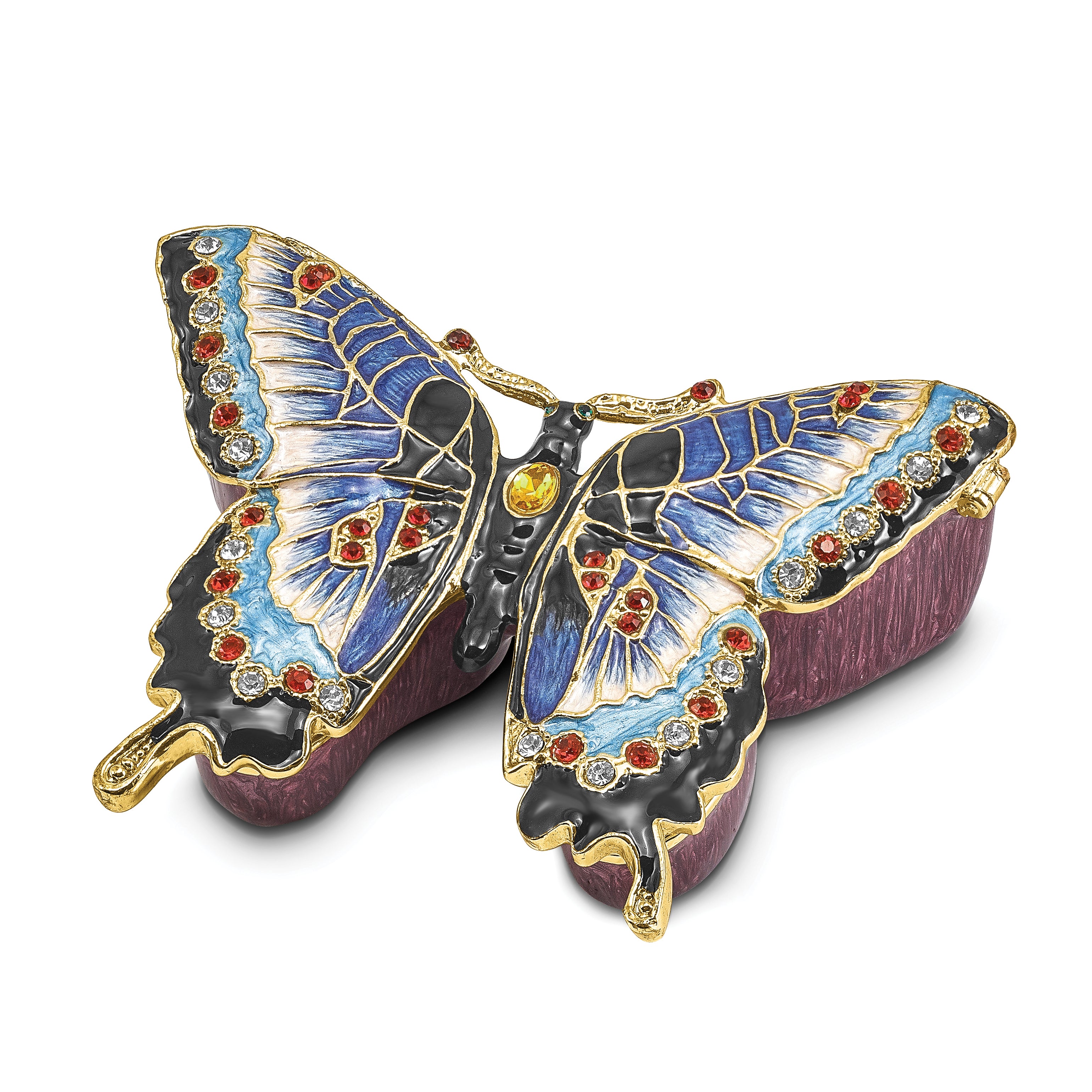 Luxury Giftware Pewter Bejeweled Crystals Gold-tone Enameled JEANNIE Blue Butterfly Trinket Box with Matching 18 Inch Necklace