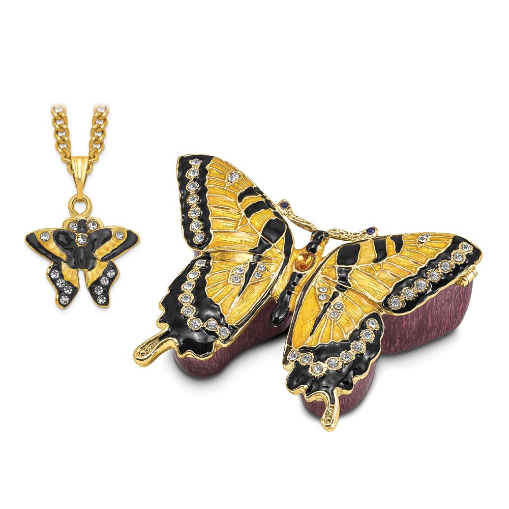 Luxury Giftware Pewter Bejeweled Crystals Gold-tone Enameled MARION Yellow Monarch Butterfly Trinket Box with Matching 18 Inch Necklace