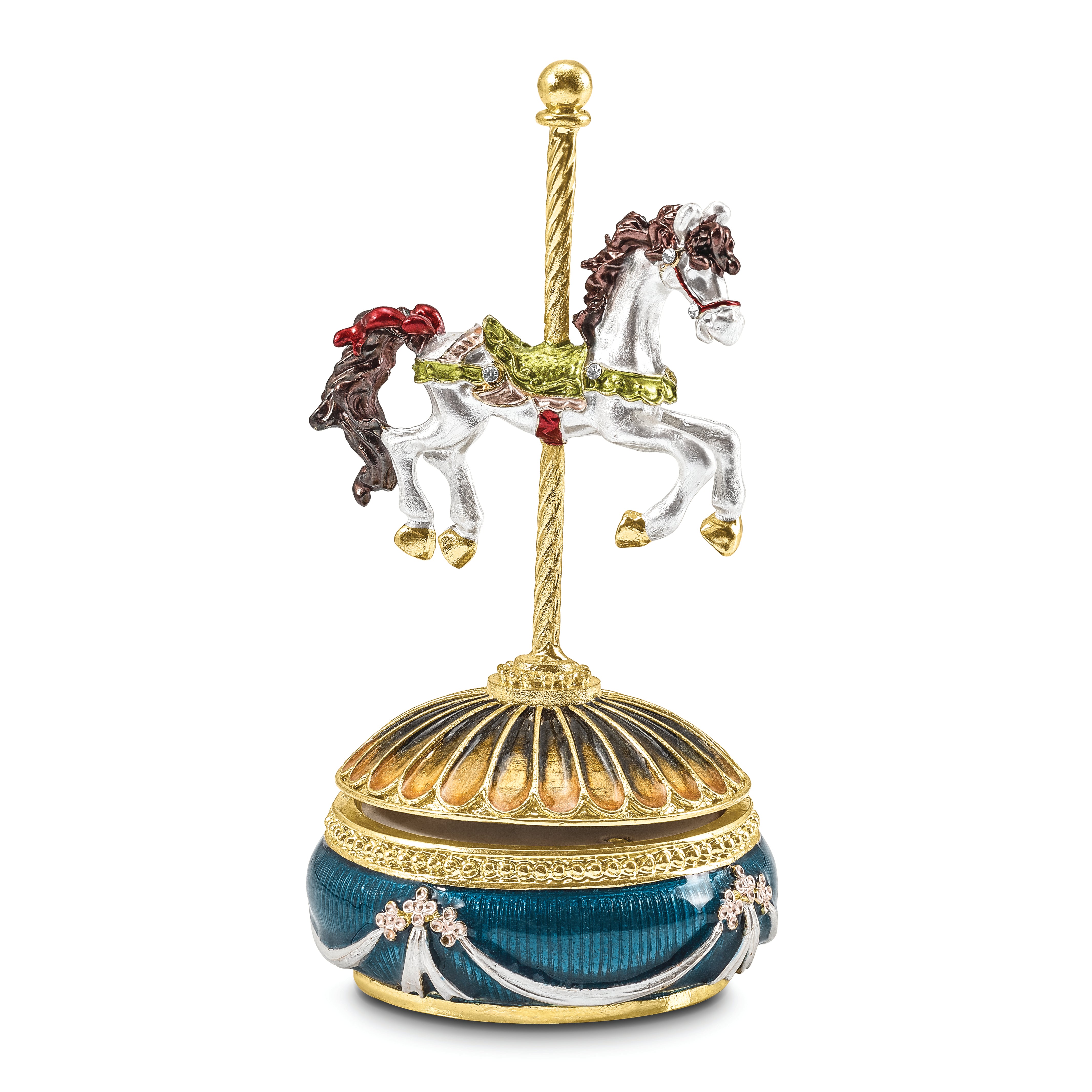 Luxury Giftware Pewter Bejeweled Crystals Gold-tone Enameled PAL (Plays It's a Small World) Carousel Horse Musical Figurine with Matching 18 Inch Necklace