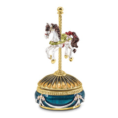 Luxury Giftware Pewter Bejeweled Crystals Gold-tone Enameled PAL (Plays It's a Small World) Carousel Horse Musical Figurine with Matching 18 Inch Necklace