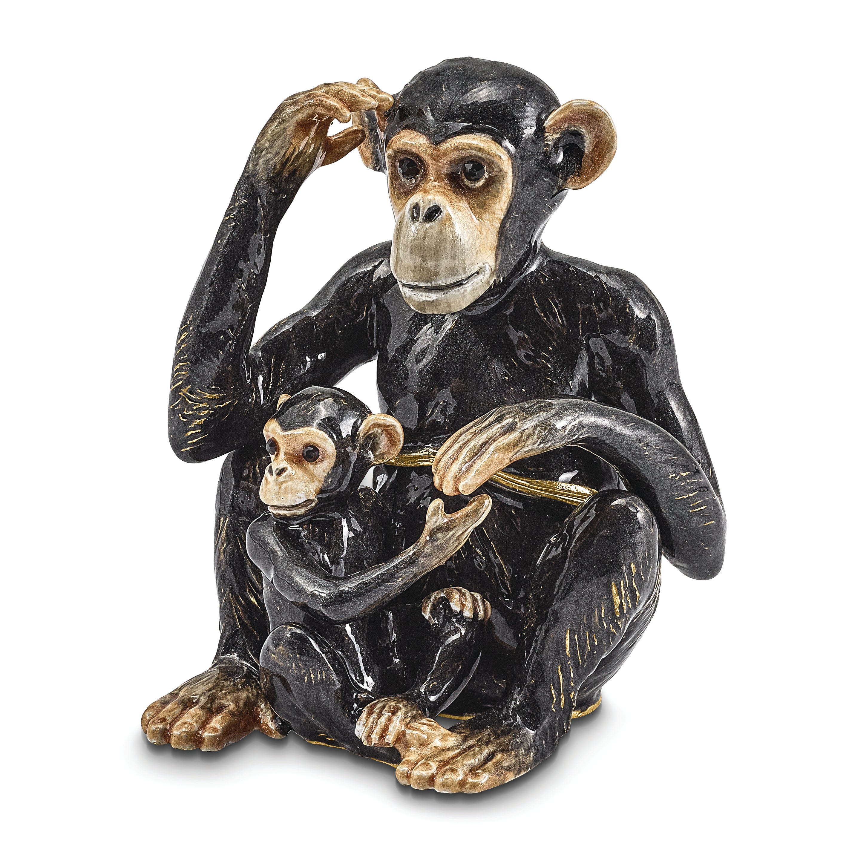 Luxury Giftware Pewter Bejeweled Crystals Gold-tone Enameled CHIA and CHI CHI Chimpanzee and Baby Trinket Box with Matching 18 Inch Necklace