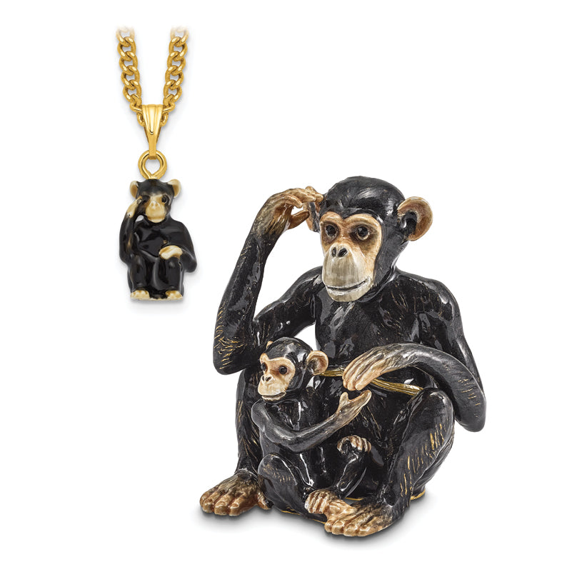 Luxury Giftware Pewter Bejeweled Crystals Gold-tone Enameled CHIA and CHI CHI Chimpanzee and Baby Trinket Box with Matching 18 Inch Necklace