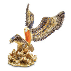 Luxury Giftware Pewter Bejeweled Crystals Gold-tone Enameled VALIANT Golden Eagle Trinket Box with Matching 18 Inch Necklace