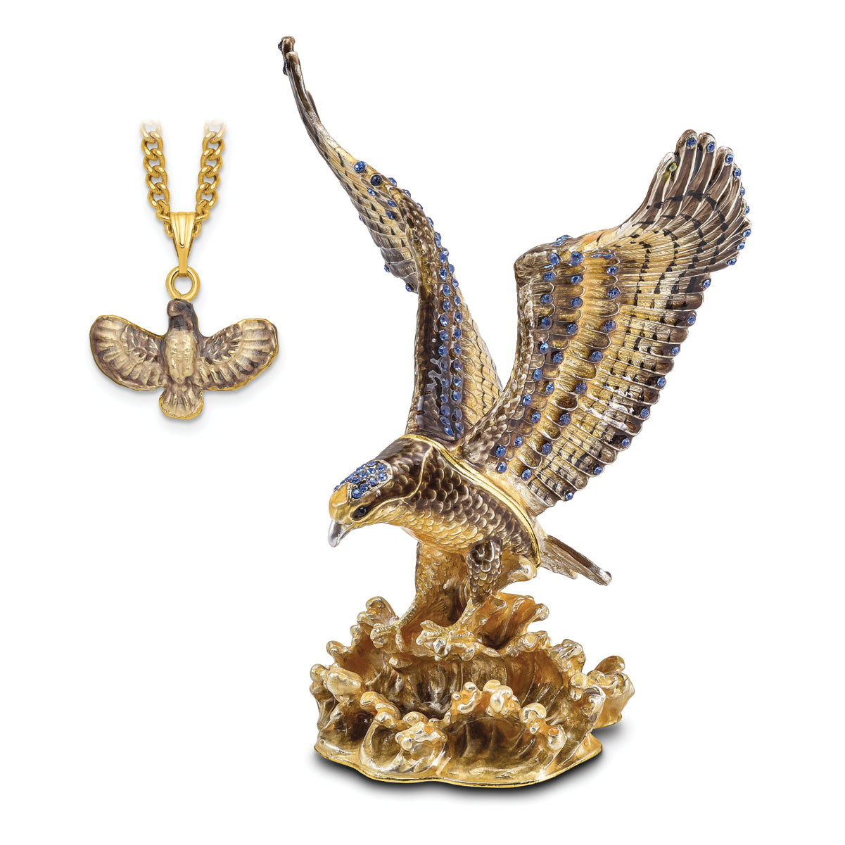 Luxury Giftware Pewter Bejeweled Crystals Gold-tone Enameled VALIANT Golden Eagle Trinket Box with Matching 18 Inch Necklace